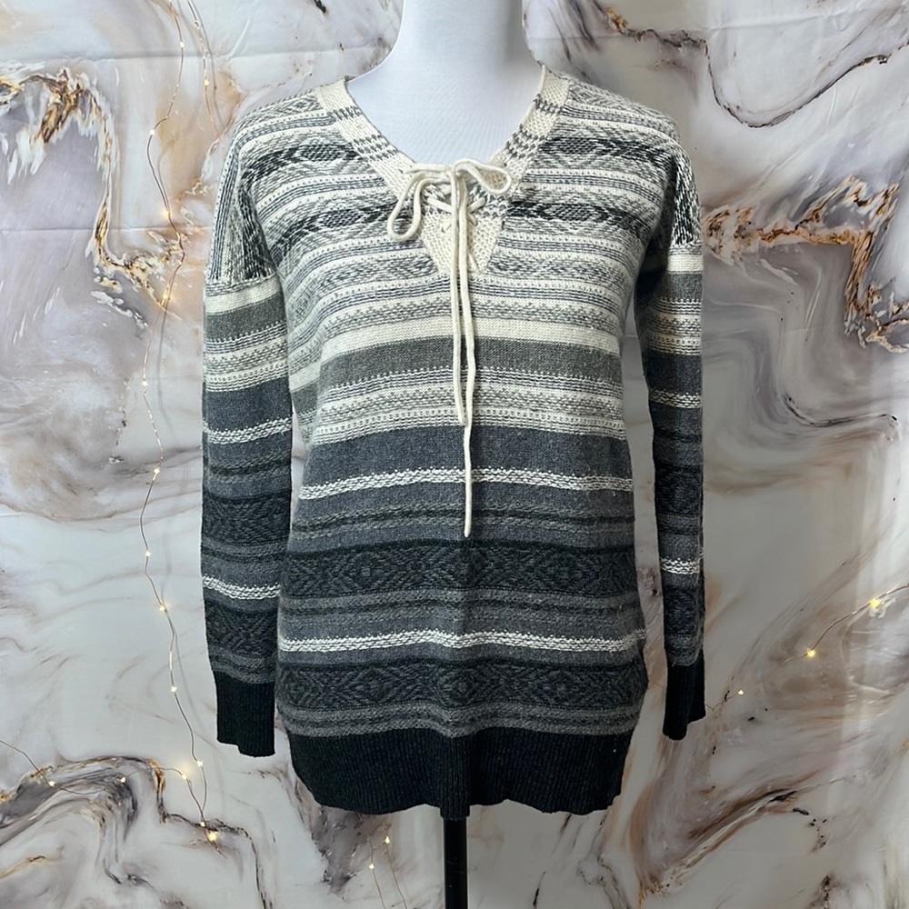 Lucky Brand Printed and Striped Long Sleeve Sweater  Tie Front Multicolor SZ S